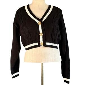 Womens Sweater Size Medium Black White Crop Preppy Twee Business Casual Nautical